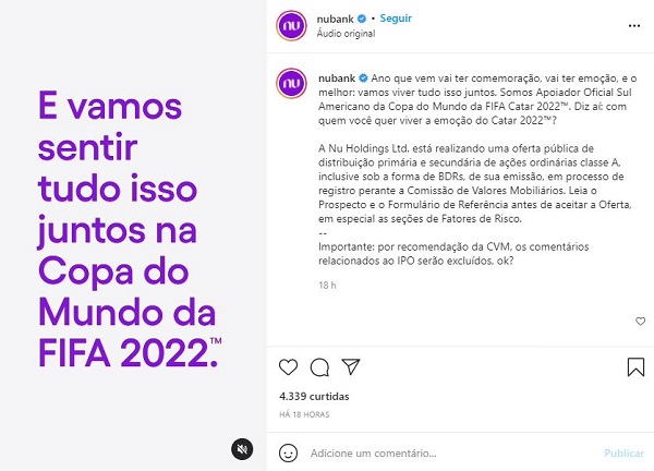 Nubank se torna patrocinador da Copa do Mundo de 2022