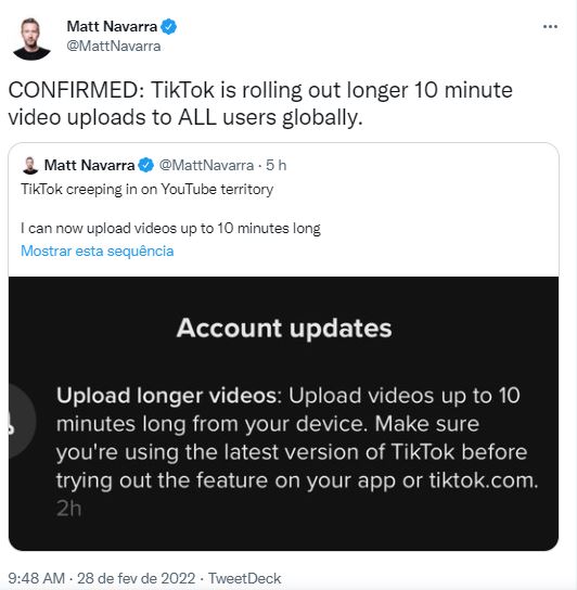 TikTok passa a ter vídeos de até 10 minutos